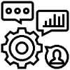 Graphic icon of a cog, speech bubbles depicting a working enviroment